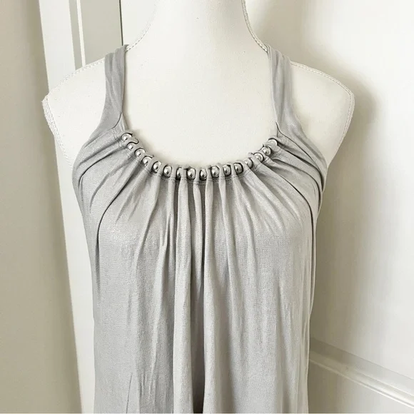 French Connection Mod Silver Halter Glam Boho Blouse w/ Beaded Detail – Medium - Picture 4 of 11